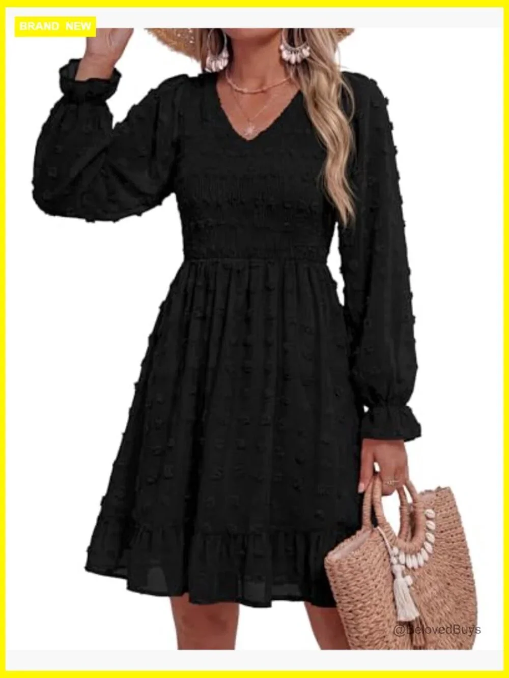 Long Sleeve V Neck Swiss Dot Smocked Ruffle Chiffon Flow Mini Dress
